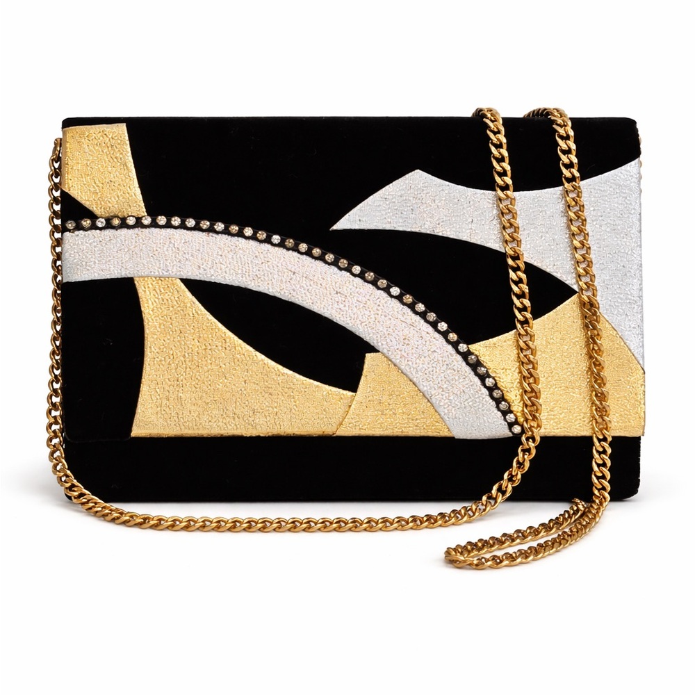 BALMAIN RARE Vintage Black Velvet Rhinestone Studded Clutch Crossbody Bag